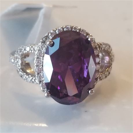 925 Sterling Silver 6.35 CT Created Amethyst .57 Ct Diamond Ring..Sz 7 New!