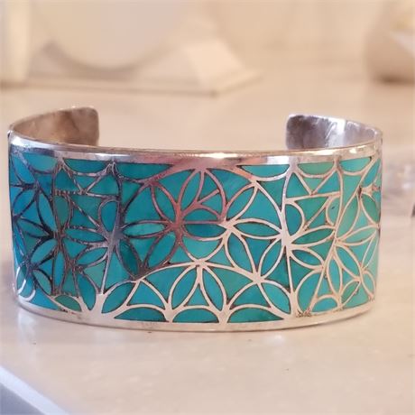 Zuni Flower of Life Sterling Inlaid Turquoise Cuff Bracelet..