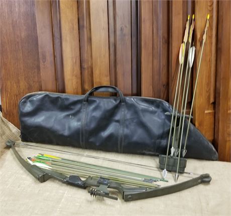Compound Bow, Arrows, Broadheads, Quiver, & Leather Soft Bag