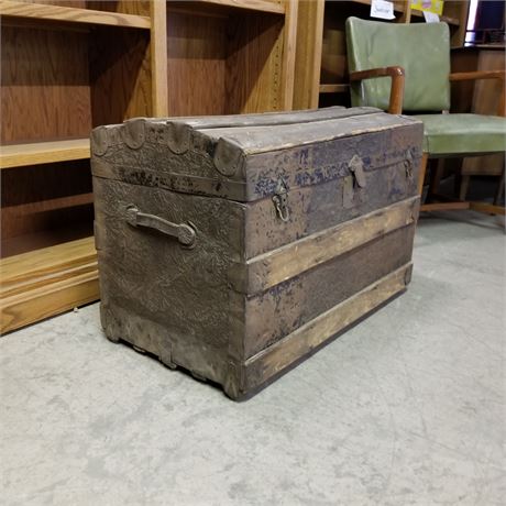 Antique Wood Trunk w/ Patterned Metal Overlay...32x18x23