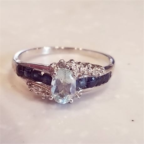 Sterling Diamond Sapphire & Aquamarine Ring..Sz 7