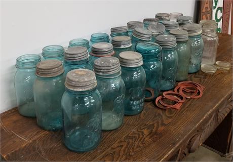 Vintage Blue Ball Jars w/Lids & Extras