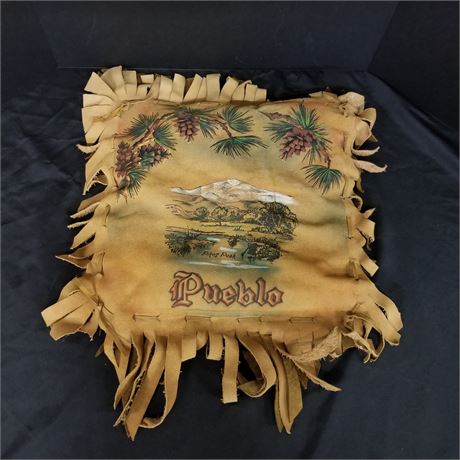 Vintage Leather Pikes Peak Puelblo, Colorado Fringed Pillow