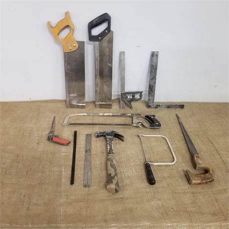 Assorted Handsaws/Squares/Hammer