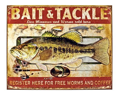 "Bait and Tackle Free Worms and Coffee Fishing" Metal Sign