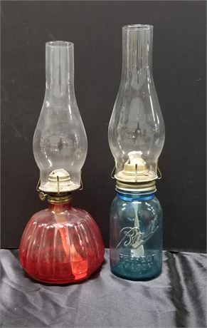 Antique Oil Lamps ( Red & Blue )