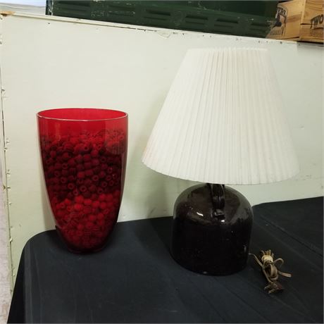 Red Glass Vase w/ Beads and a Lamp