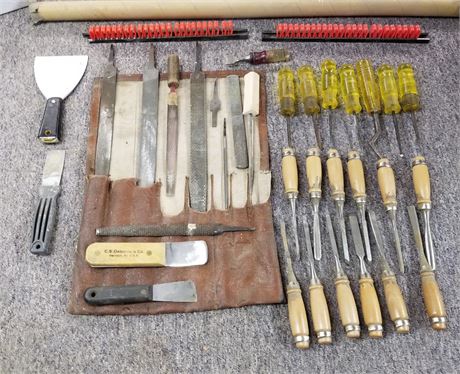 Assorted Woodworking Chisels/Files & Wall Caddys