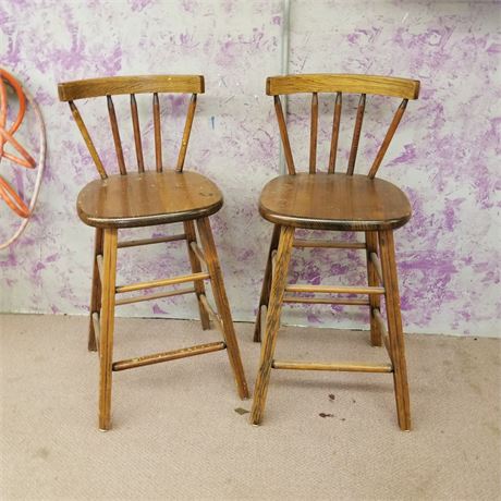 2 Vintage Wood Bar Stools - 24"