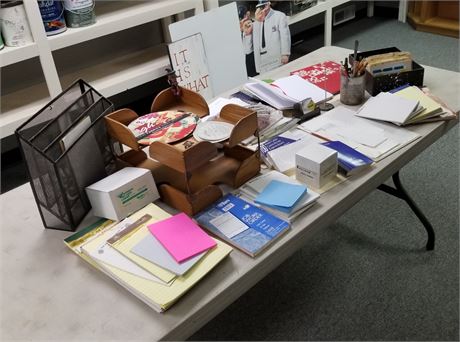 Assorted Office Supplies & Vintage Wood Organizer