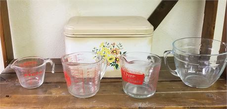 Vintage Metal Bread Box & Pyrex Measuring Cups