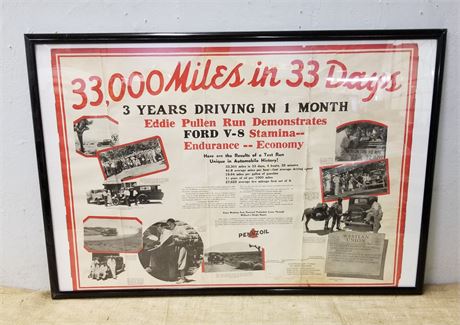 Vintage Framed Ford V-8 Wall Hanger - 40x25