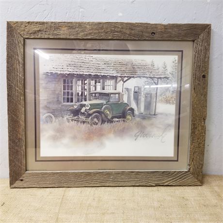 Barnwood Framed Antique Automobile Picture - 23x19