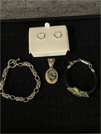 Jewelry Set - Two Bracelets, Earrings, Sterling Pendant w/ Stone