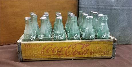 Vintage Coca-Cola Wood Bottle Caddy & Empty Bottles