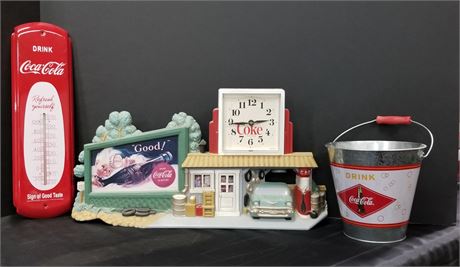 Coca-Cola Clock, Thermometer, Pail