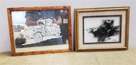 2 Framed Classic Car Pictures on Glass - 18x13