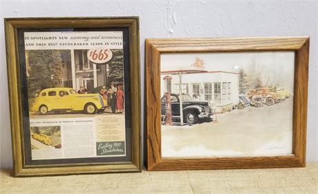 Framed Studebaker & Mobil Gas Pictures - 16x14