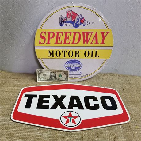 Repro Texaco & Speedway Oil Signs - 14" Diameter  & 11x17