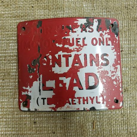 Vintage "Contains Lead" Metal Fuel Pump Plate - 7x6