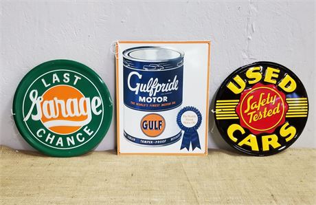 3 Metal Repro Oil Signs-12" Diameter & 11x14