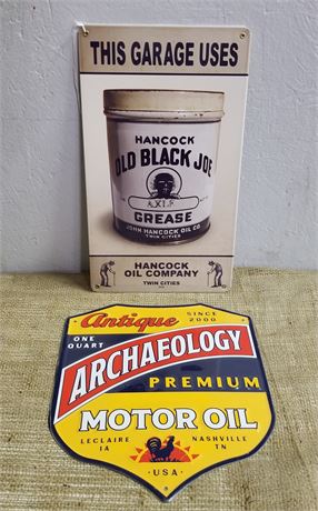 Old Black Joe & Archeology Motor Oil Repro Signs - 8x14 & 10.5x12