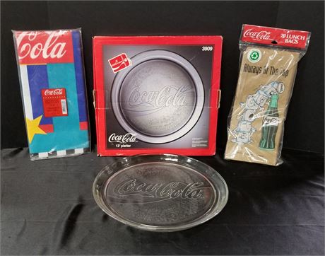 Assorted Coca-Cola Items: Platter, Table Cloth, Lunch Bags