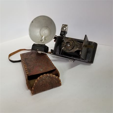 Antique Kodak Camera w/ Leather Tooled Case and Flash Attachment