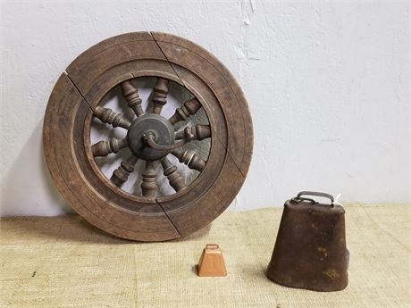 Collectible Spinning Wheel & Cow Bells