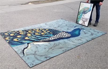 Unique Peacock Area Rug (10'x7.5') & Complementary Framed Picture (25x37)