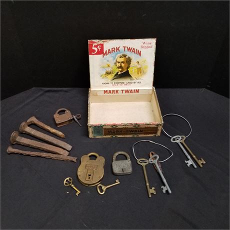 Antique Locks, Keys, Spikes, & Cigar Box