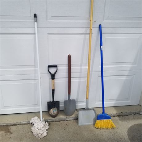 2 Shovels and Assorted Household Cleaning Items