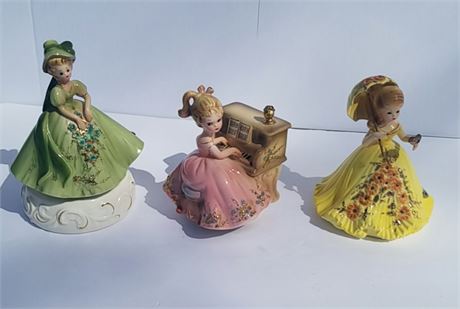 Josef Originals Porcelain Lady W/Umbrella & Bird Figurine & 2 Music Box Ladies