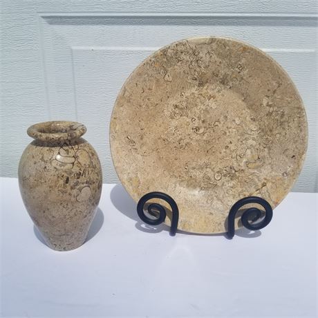 Fossil Stone Vase & Decorative Plate
