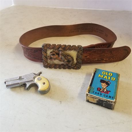 Vintage Belt w/Buckle, Toy Gun, & Miniature Old Maid Cards