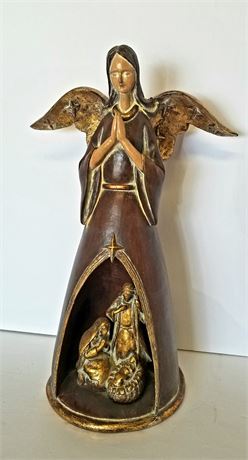 Beautiful Wood Carved Angel w/ Nativity Scene