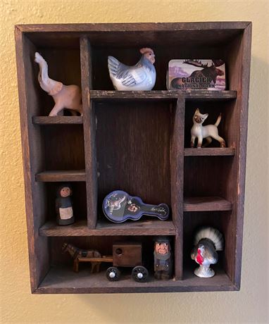 Small Wood Hanging Shelf + Collectibles