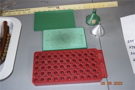 Case lube pad, universal reloading tray, and 2 funnels