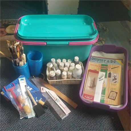 Storage Carry Bin Full of Brushes, Paints, Mags, & Other Supplies