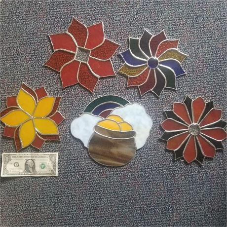 Stained Glass Pot of Gold & Floral Window Art Pieces