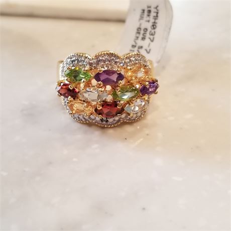 18k Gold Over Sterling Silver Multi Gem & Diamond Accent Ring ..Sz 7