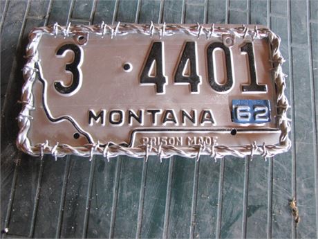 Vintage Montana License Plate...With Barb Wire Holder...Prison Made