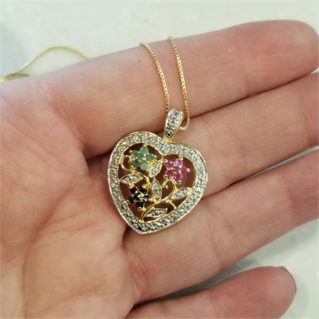 18k Gold Over Sterling Silver Multi Gem Diamond Heart Pendant & Chain
