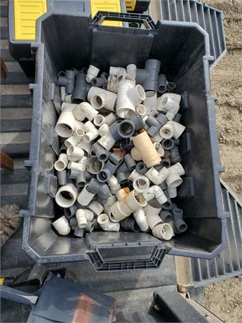 Tote of misc pvc pipe fittings.