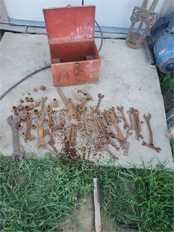 Red tool box w/misc old wrenches and sockets