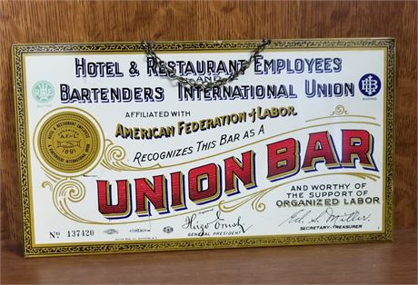 Vintage Metal Hotel, Restaurant, & Bartender's Union Sign - 11x6