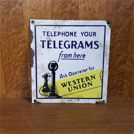 Vintage Metal Western Union Telegram Sign - 9x10