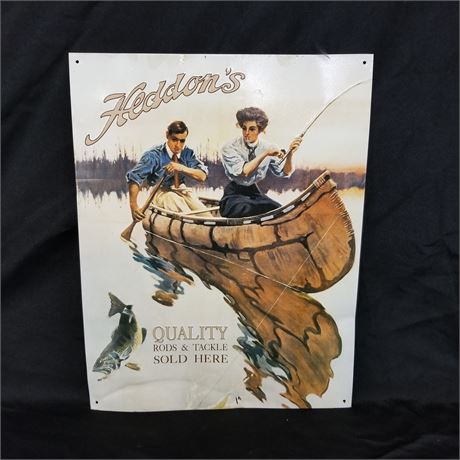 Metal Heddon's Fishing Rod & Reel Repro Advertising Sign - 12x16