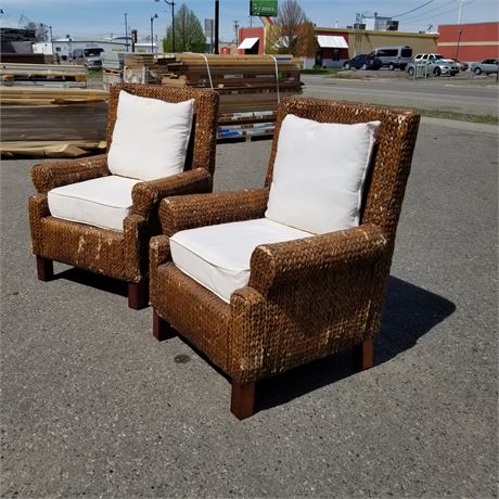 Pair of Woven Wicker Chairs w/ Cushions