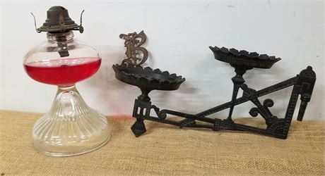 Vintage Oil Lamp & Wall Mount Lamp/Candle Holder (missing a bracket)